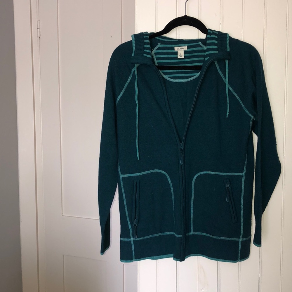 Full zip sweater, turquoise. Gently worn.